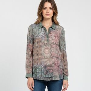 Smash! Green Pink Boho Sheer Tunic Blouse Roll Tab Hi-Low L